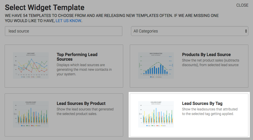 Type lead source into the search bar and select the Lead Sources By Tag widget