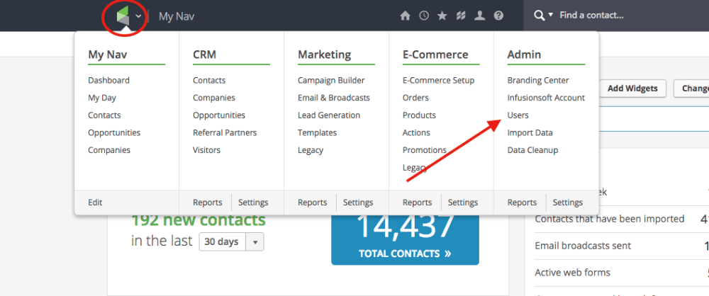 To add Graphly as an infusionsoft partner, log into your Infusionsoft account and hover your cursor over the Infusionsoft symbol in the top left corner of your screen. When the pop-down menu appears, click on "Users" under the Admin section.