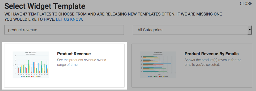 The Prodcut Revenue template highlighted in the template library.