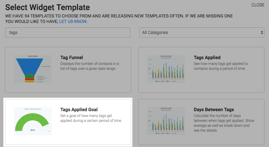 The Tags Applied Goal template highlighted in the template library.