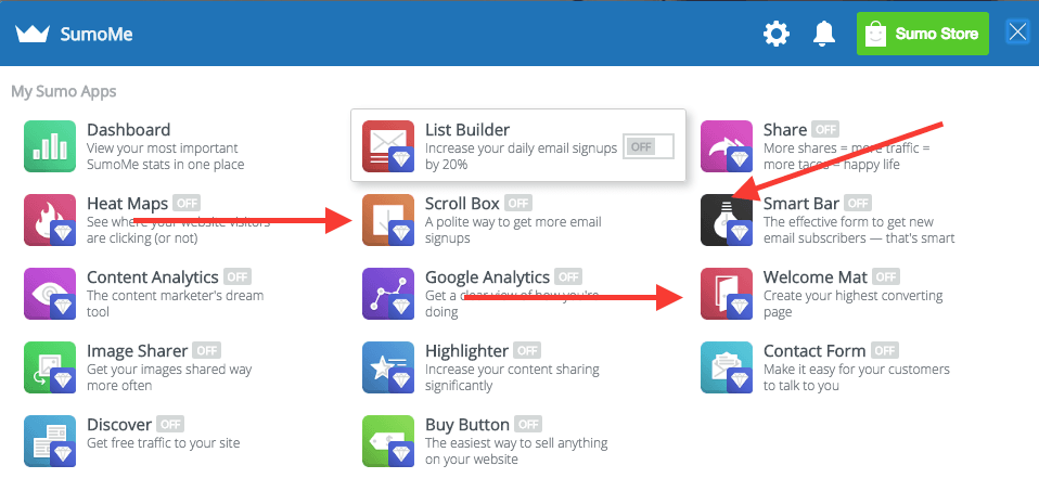 To begin, get logged in to your SumoMe account. We will be covering the List Builder, but the same steps will also work for SumoMe Smart Bar, Welcome Mat, and Scroll Box.