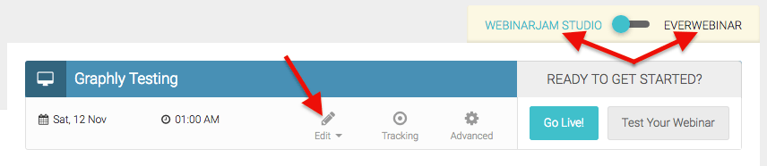 Toggle for webinarjam and everwebinar and click the edit button on your webinar