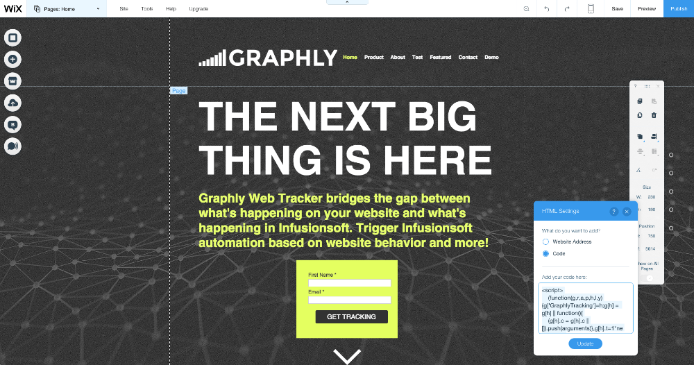 It's not possible to Integrate Graphly's Web Tracker with Wix.