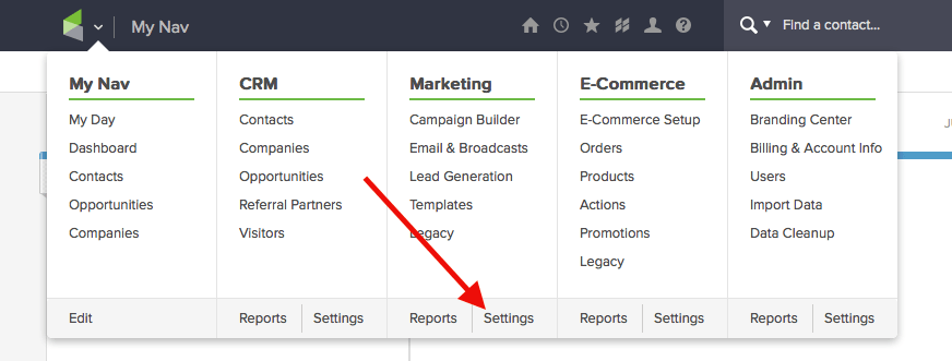 Let’s begin to track opens by hovering over the Infusionsoft icon and clicking on the the Marketing "Settings".