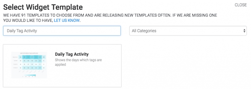 To begin, click the "+" icon on the Dashboard and type "Daily Tag Activity" into the search bar. Then select the "Daily Tag Activity" template.