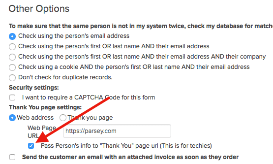 check the box under the URL field in the legacy order form builder in the Thank you page section