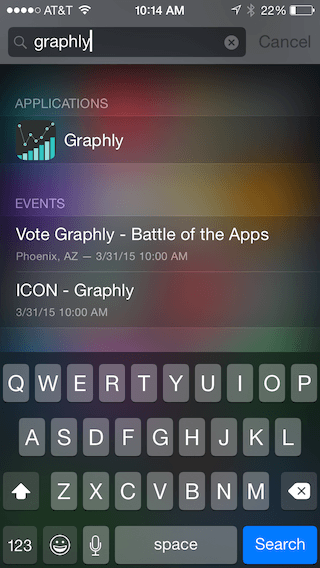 If you cannot find Graphly try doing a spotlight search. You can do this by swiping down with one finger on your iphone home screens and searching for Graphly. If it is on your phone you will see it like in the image below. If it is not there try these step again.