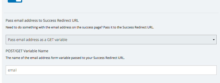 Below that, choose Pass email address as a GET variable from the dropdown menu. Keep the text in the field set to "email" in lowercase letters. This is in SumoMe still