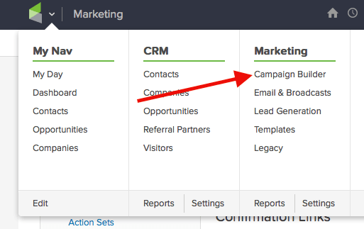 Now that we have that, let’s hover over the Infusionsoft icon, and click on "Campaign Builder" under Marketing,.