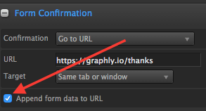 Arrow pointing to checked box "Append form data to URL"