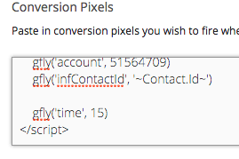 SumoMe gives you the option to inject the subscribers' email, that is exactly what we want to do. You'll need to make a small addition to the script in the bottom box right underneath the contact id line. Here's the code you need to add: gfly(‘infEmail’, {sumome-subscriber-email})