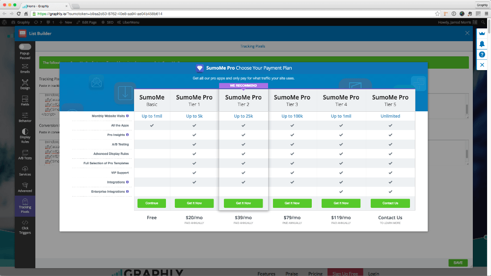 After that, click the "Save" button. If you don't have SumoMe Pro you'll see a popup telling you to upgrade in order to use Tracking Pixels. That looks like this.