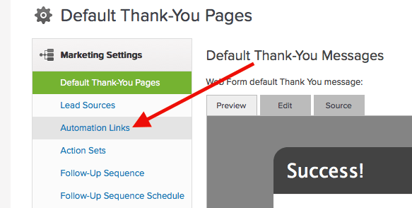Under the Marketing Settings click on "Automation Links". Once there, we need to create a new link under the Automation Link section.