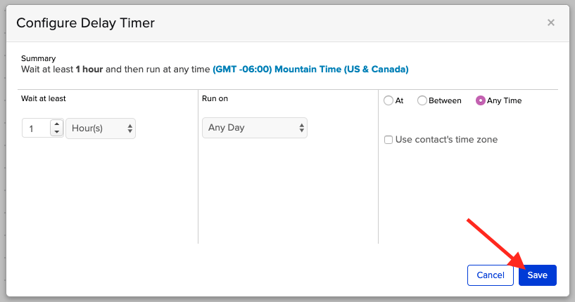 Drag a "Delay Timer" widget onto the canvas, and configure it to run after 1 hour on any day, at any time.