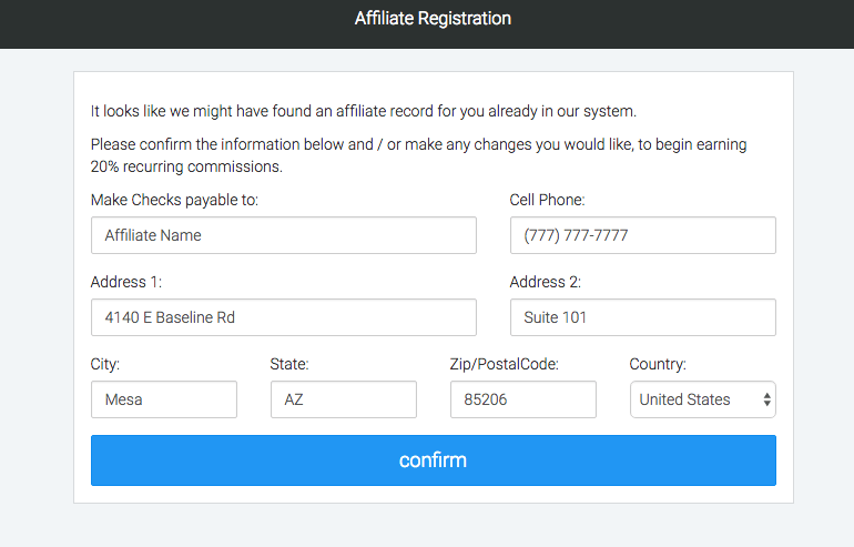 enter your affiliate name, phone number, and address information