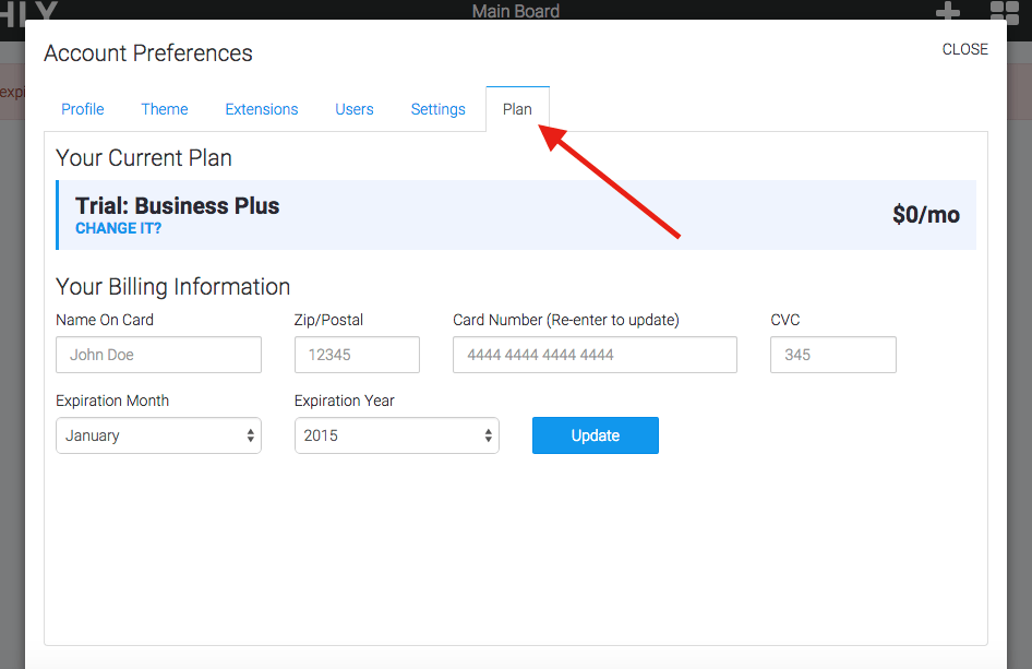 Now click the "Plan" tab on the far right hand side of the account box to access the Plan settings.