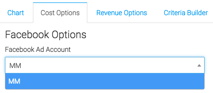 Now let's go to the cost "Options" tab. First, we need to select the Facebook account we would like to use.