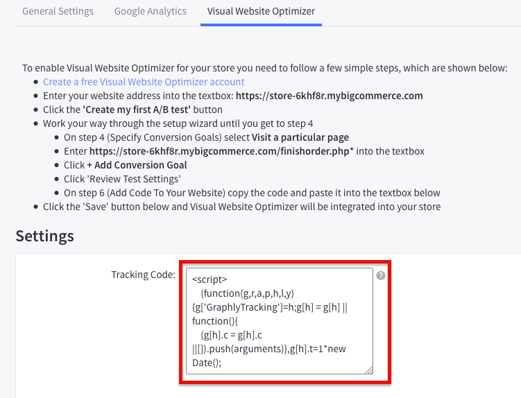 Paste the Graphly Tracking code into the Tracking Code box.