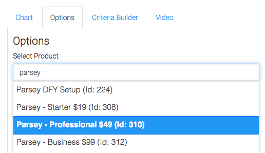 Product Options shown after typing Parsey.