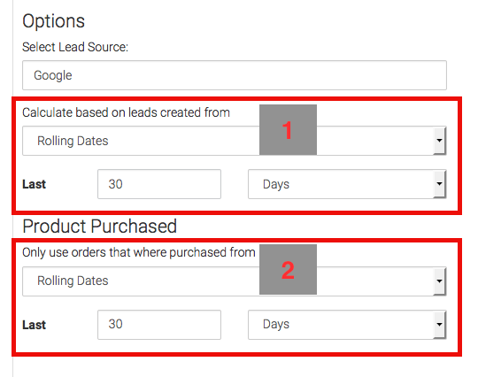 Next, you have a couple of Date Ranges to select. The first is when the lead was created, the second is when the order was created.