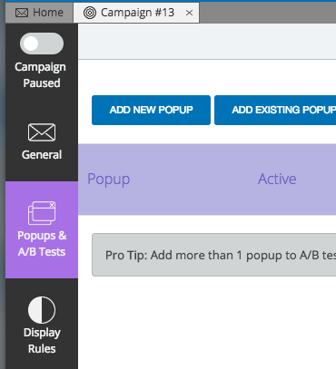 From here, click on "Popups & A/B Tests" on the sidebar. You can find it on the left side of the window.