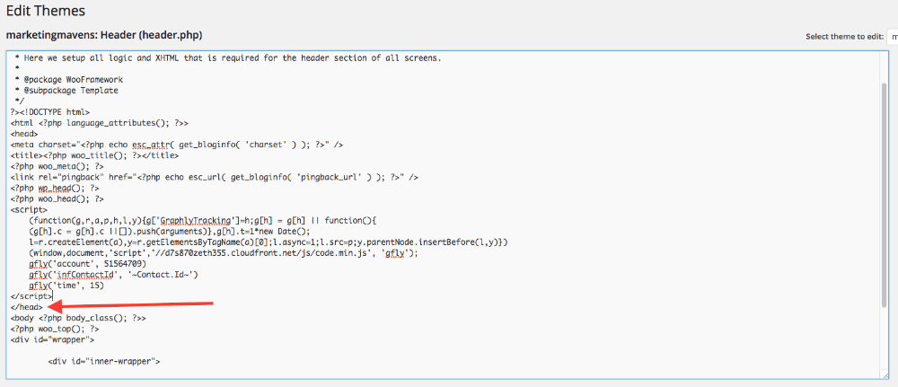 Paste the tracking script before the close of the head tag. The closing head tag will look like this: </head> If you don't know where the tracking script is, you can click here to read about how to set up Graphly's Web Tracker.