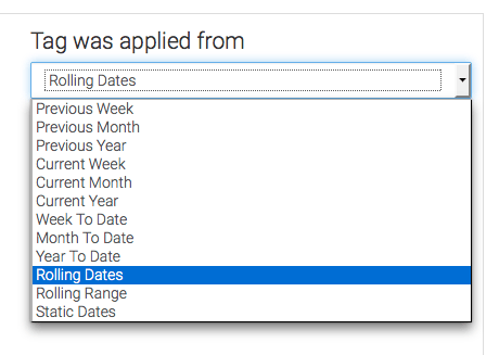 Next, define the time frame you wish to look at based on when the open or click took place. Essentially, when the tag got applied. I'm going to leave this as Rolling Dates, but set it to look at the last 21 Days. That way I'm looking across a few weeks as opposed to one, ultimately supplying me with more data that is more accurate.