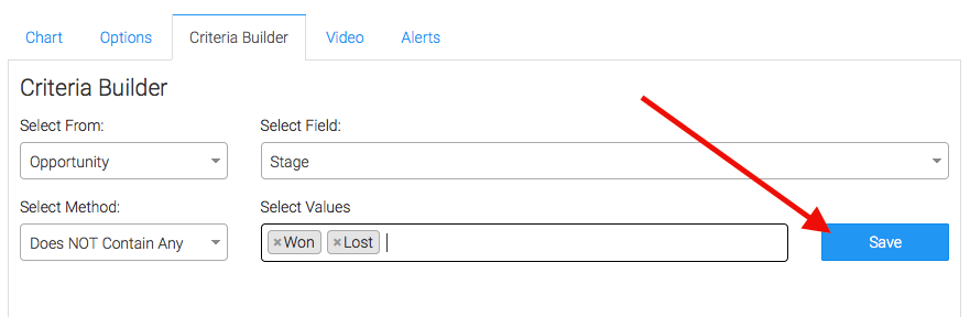 For ultimate control and customization, use the criteria builder to create additional rules and requirements to the report. One example that comes to mind is to exclude my close stages. So I'll do that now and click "Save".