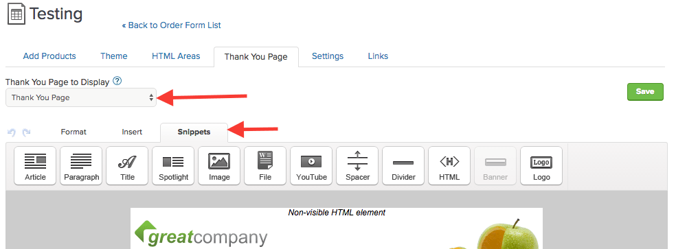 change to thank you page and click snippets