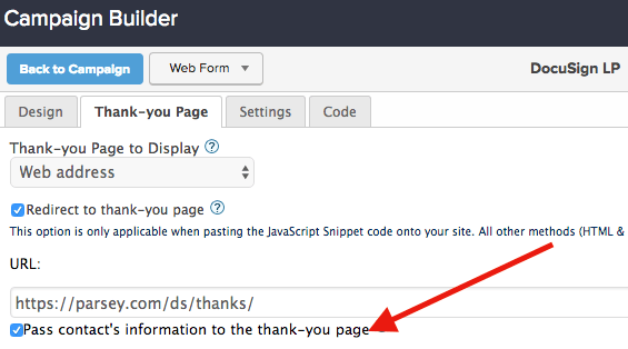 check the box under the URL field in the web from builder on the thank you page