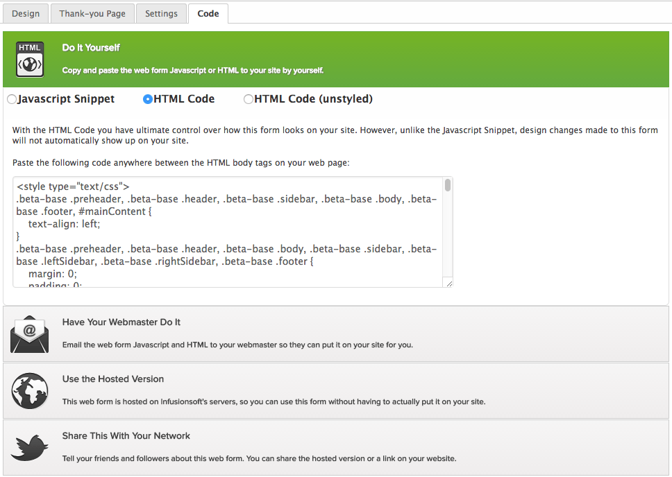 Open the code tab and copy one of the three options for the webform code for your Web Tracking integration