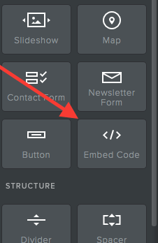 From here you'll need to add a form to the home page. Weebly already has a Contact Form element, but it does not post the email parameter to the thank-you page. This means that Graphly won't be able to set the lead source or address information. Instead, drag the Embed Code element over to the page.