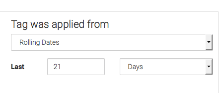 Next, define the time frame you wish to look at based on when the open or click took place. Essentially, when the tag got applied. I'm going to leave this as Rolling Dates, but set it to look at the last 21 Days. 