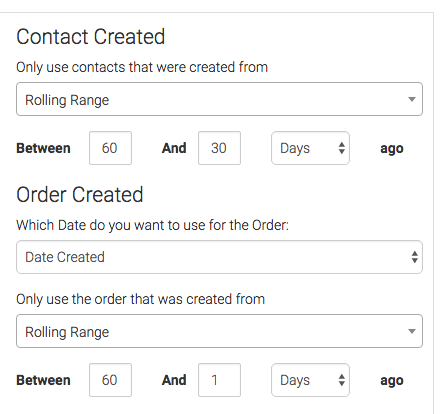 Date range for Contact Created and Order Created selected.