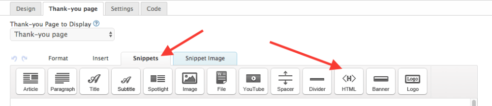 Then click on the "Snippets" tag and drag an HTML snippet to the top of the thank-you page.
