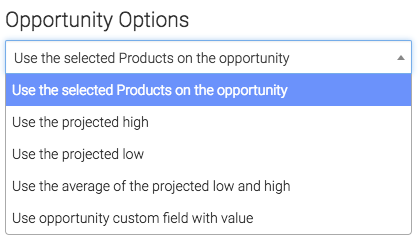 Selected products set for the opportunity options.