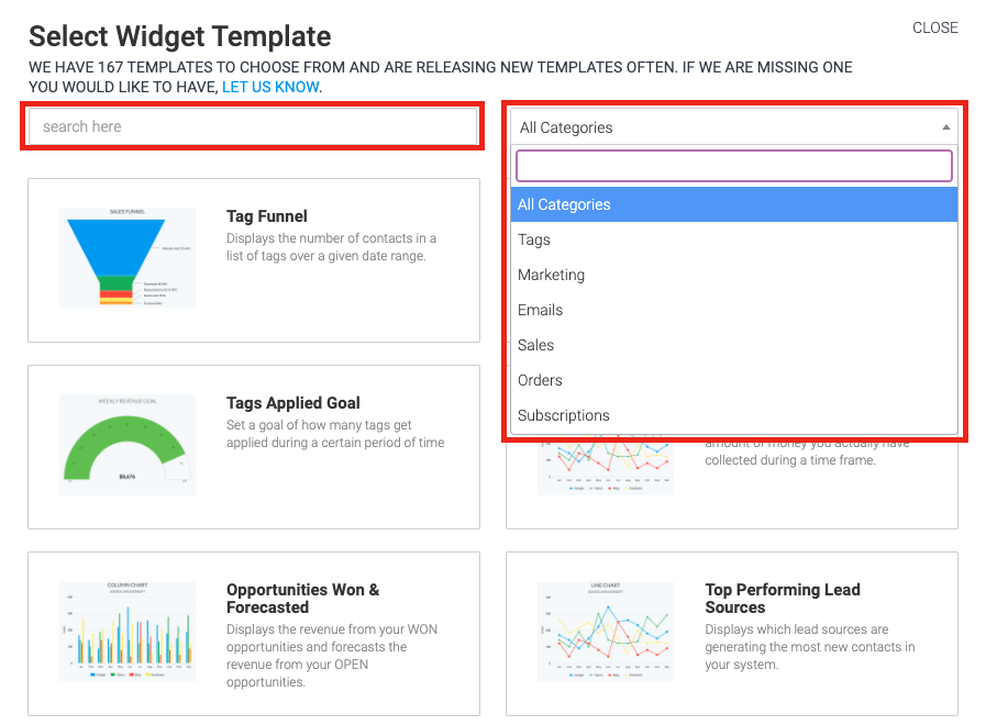 filter by selecting a category on the right or searching for key word