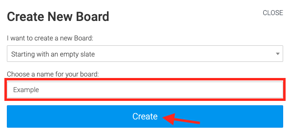 give the board a name and click create at the bottom of the modal
