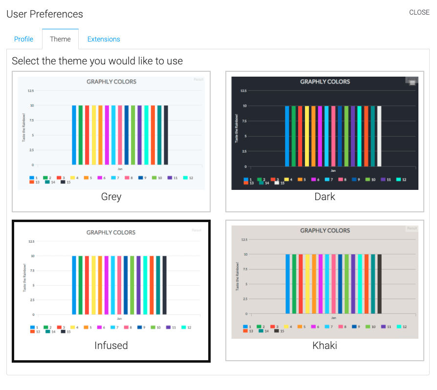 select the different themes to change the appearance of your Graphly account