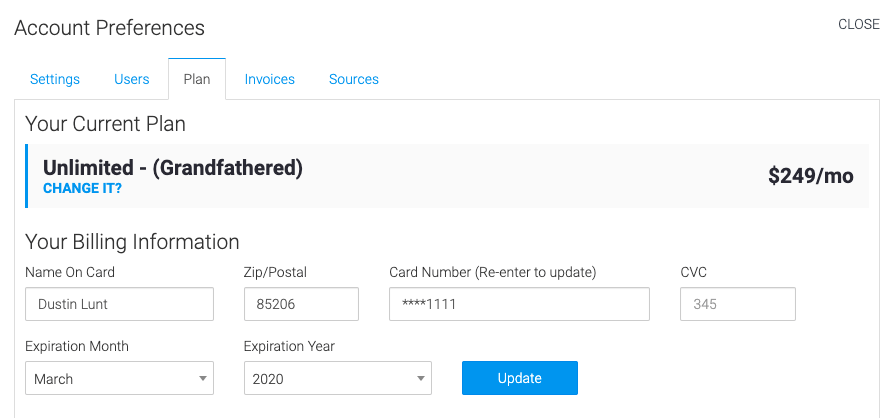 the plan tab allows you to select your plan and edit payment information